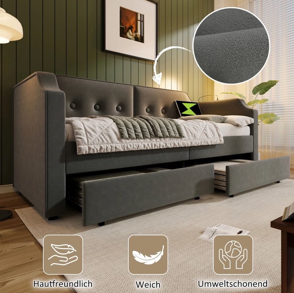 Letto singolo 90x200 cm con 2 cassetti; luce da lettura USB-C in velluto grigio