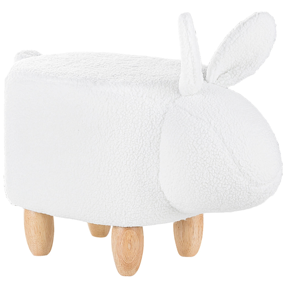 Sgabello per bambini con coniglietto di animali Poggiapiedi per cameretta con gambe in legno imbottite in tessuto di poliestere bianco sporco