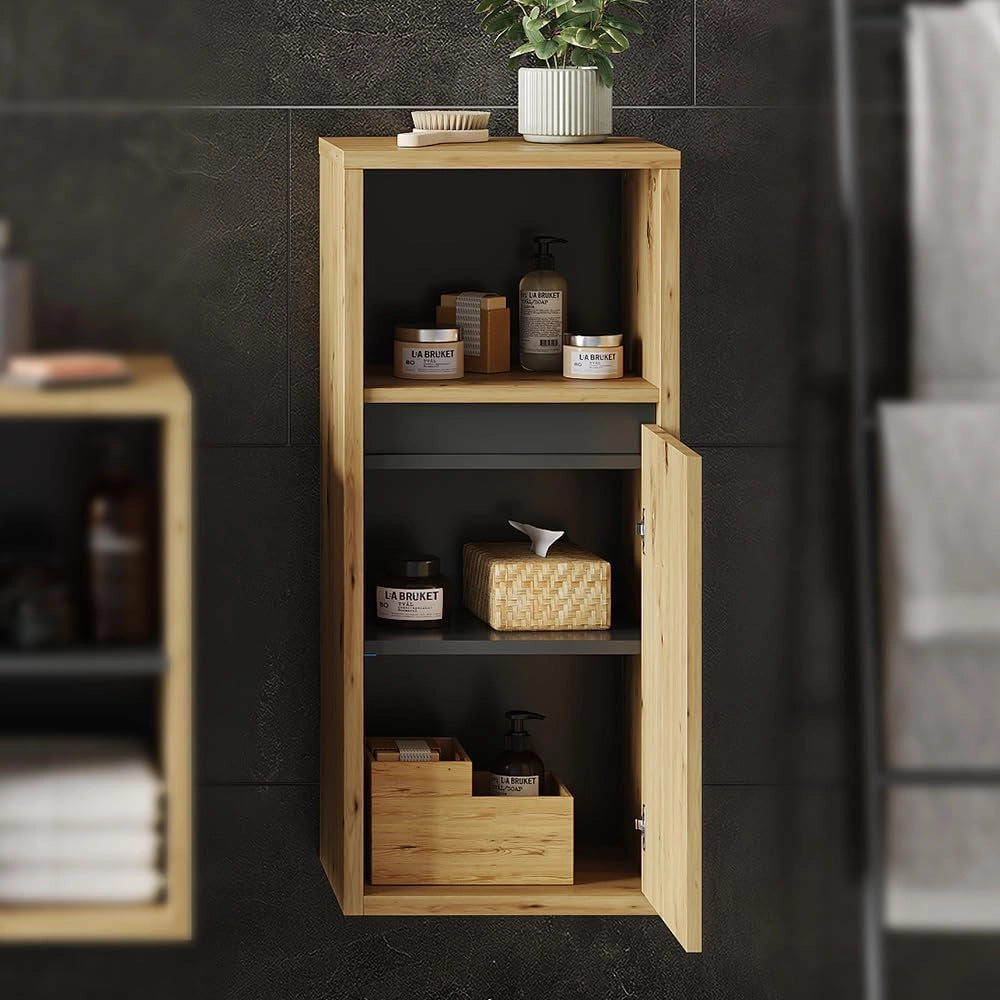 Mobiletto bagno Viola, Rovere artigianale, 38 x 80 cm, per montaggio a parete con vani a giorno e vani chiusi