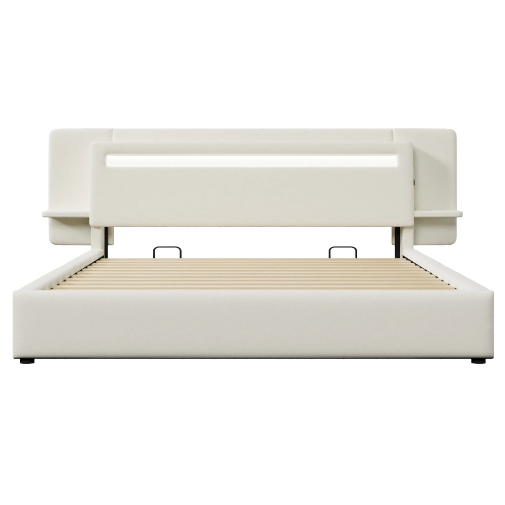 Letto imbottito 180x200 cm in lino beige con contenitore; LED multicolore e presa USB