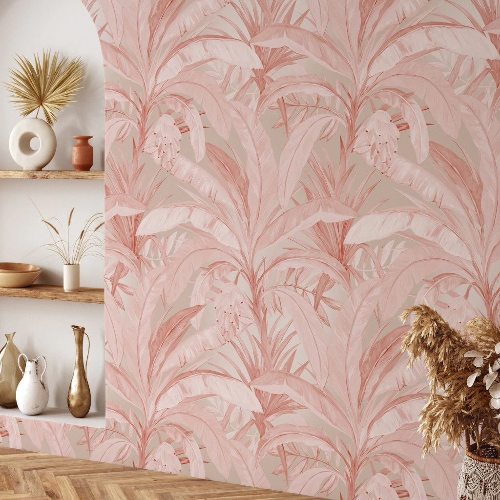 Carta da Parati Jungla Tropicale Rosa Carta Vegana 250x200cm 5,5mq 