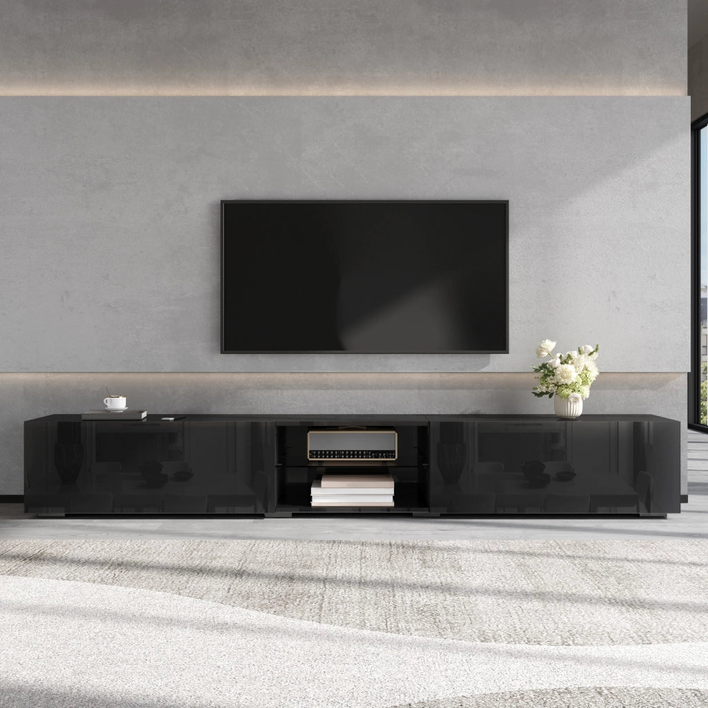 Mobile TV con 2 ante; LED e passacavi - per soggiorno - in MDF - 200×30×30 cm - nero
