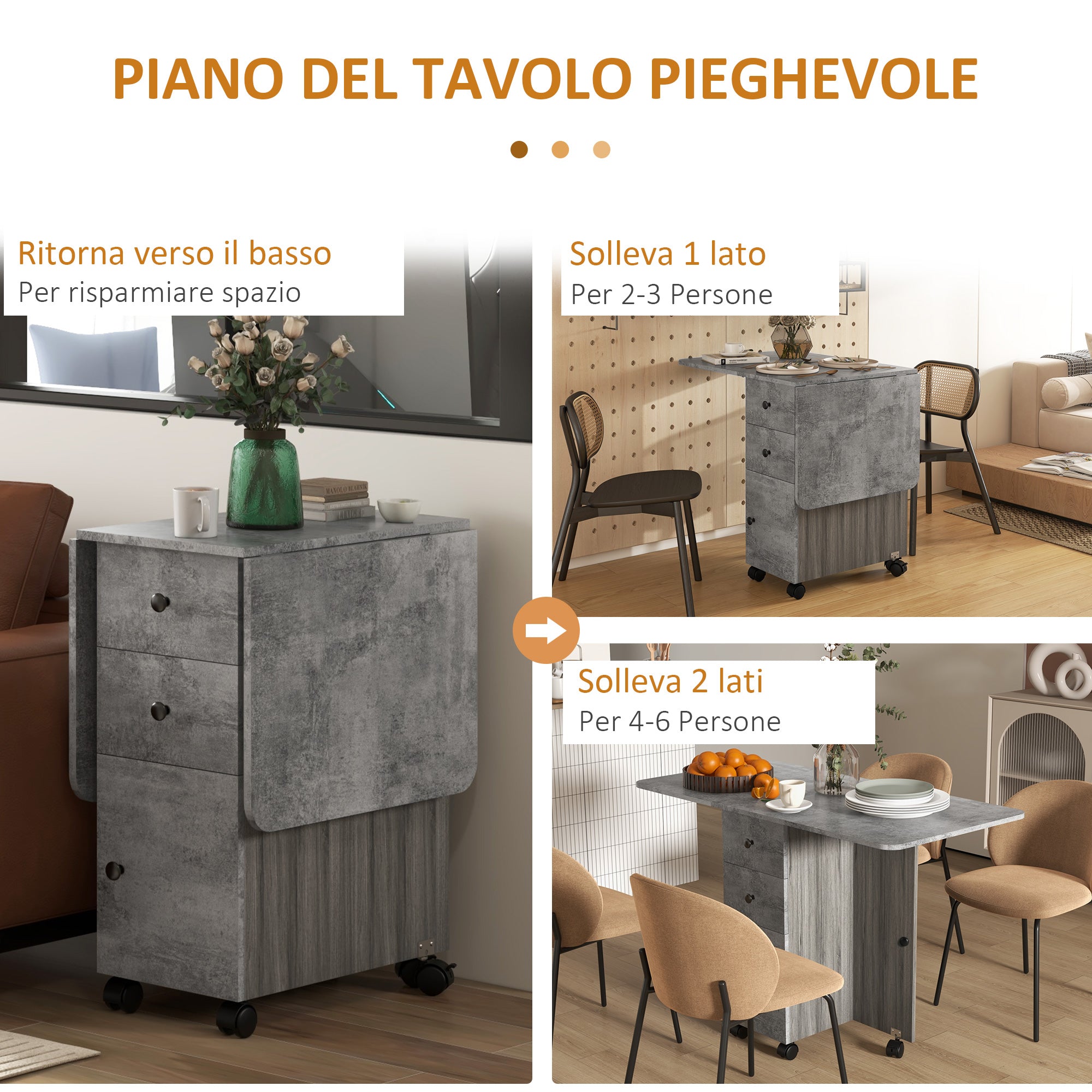 Tavolo Pieghevole a Ribalta 120x60x76.5 cm con 2 Cassetti e Armadietto in Legno Effetto Cemento Grigio