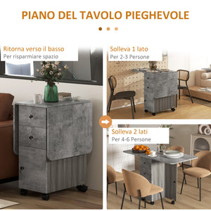 Tavolo Pieghevole a Ribalta 120x60x76.5 cm con 2 Cassetti e Armadietto in Legno Effetto Cemento Grigio