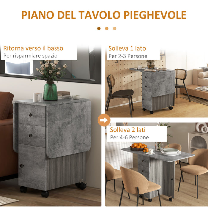 Tavolo Pieghevole a Ribalta 120x60x76.5 cm con 2 Cassetti e Armadietto in Legno Effetto Cemento Grigio