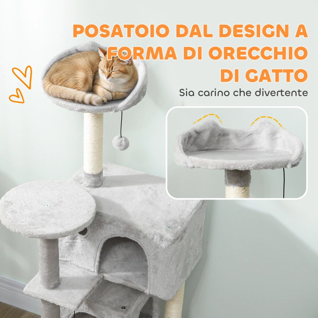 Albero Tiragraffi per Gatti Alto 140 cm con 2 Casette Amaca Lettino e Pali in Sisal Grigio