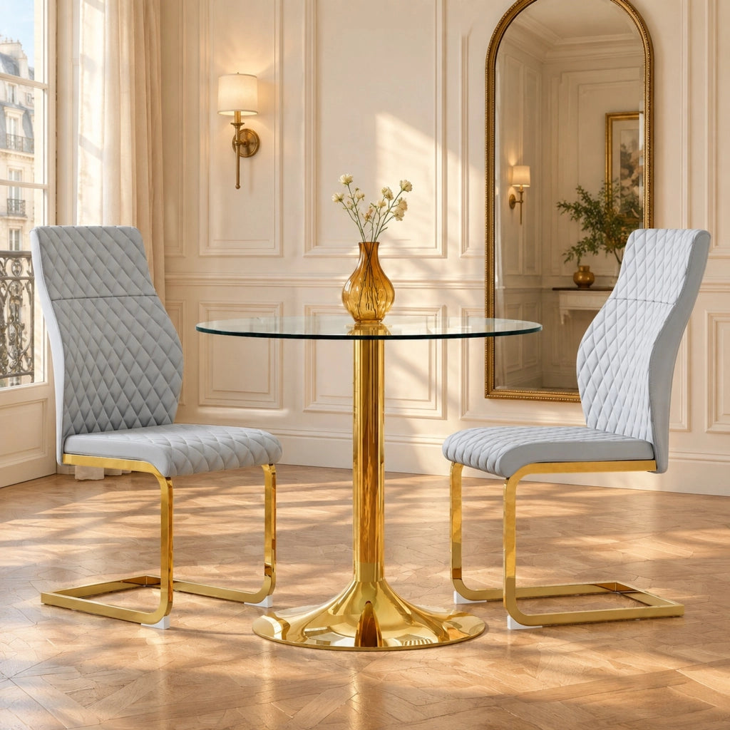 Set tavolo da pranzo rotondo in vetro con sedie grigio chiaro