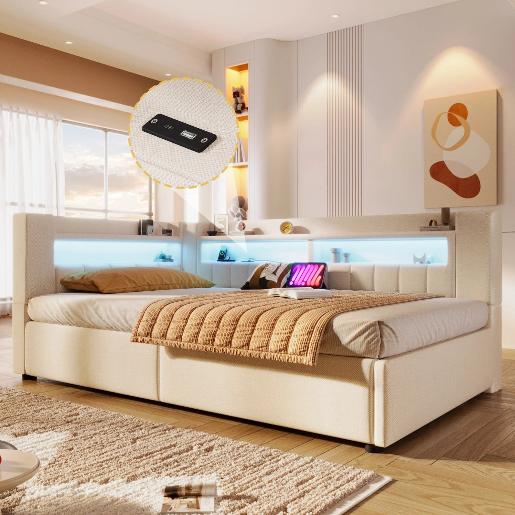Letto divano contenitore 90x200 cm in lino beige con apertura idraulica; LED; USB e USB-C