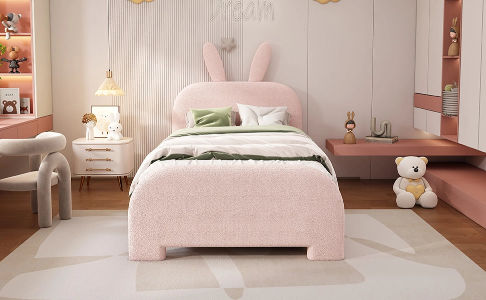 DESMIU Letto per bambini 90 × 200 cm 1 posto con 2 cassetti e testiera a coniglio, senza materasso, in peluche, rosa
