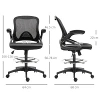 Sedia da Ufficio Traspirante ad Altezza Regolabile con Braccioli Ribaltabili, 64x60x106-126 cm, Nera
