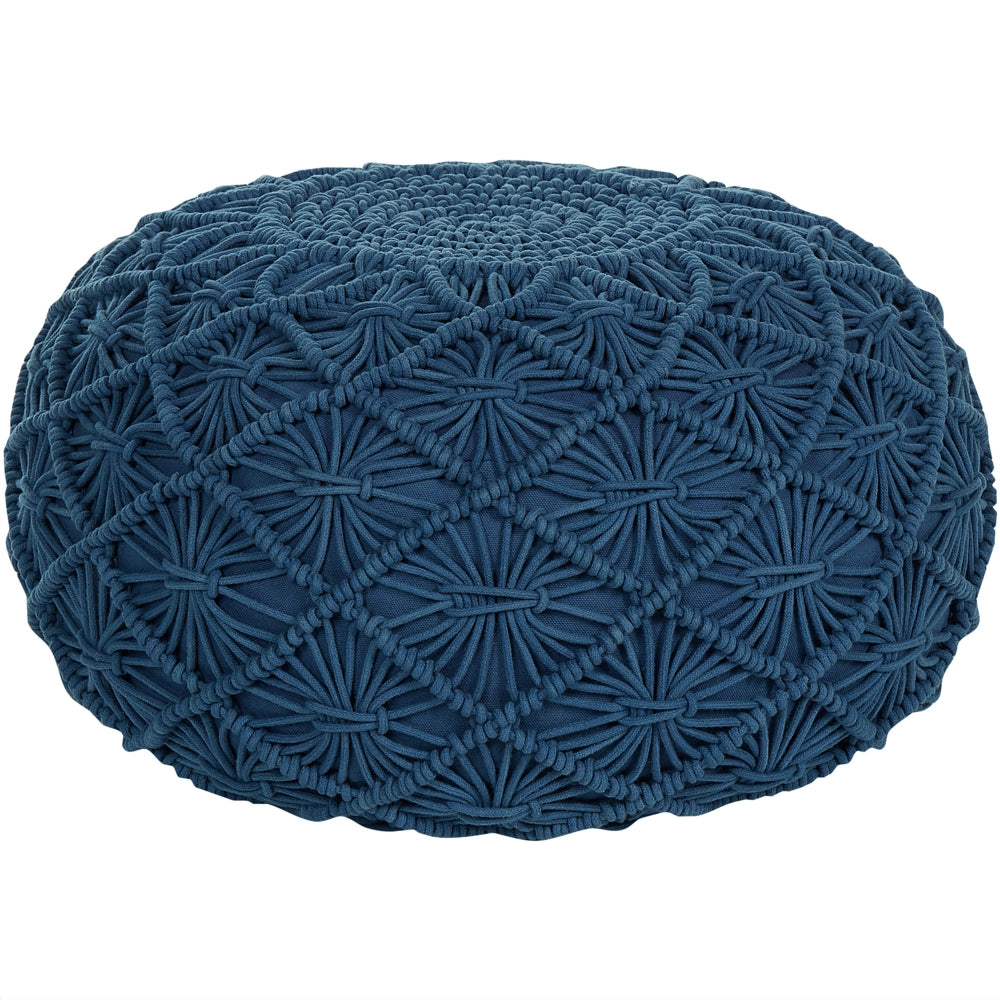 Pouf in cotone imbottito 50 x 30 cm blu scuro con motivo macramé stile boho per camera da letto o soggiorno