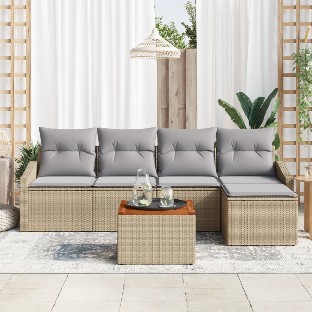 Set Divano Giardino da 6 Pezzi con Cuscini Beige Poli Rattan Acacia