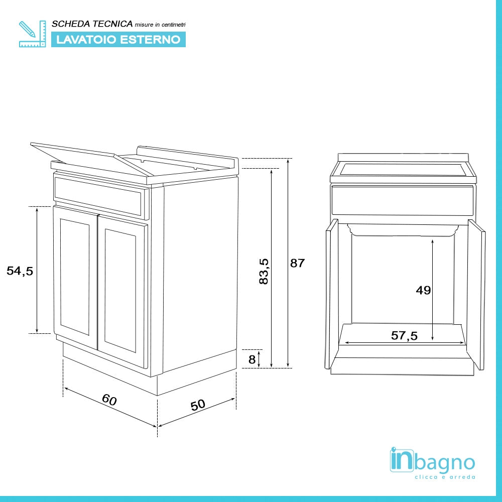 Mobile Lavatoio 2 Ante 60x50 cm con Vasca in Resina Bianco