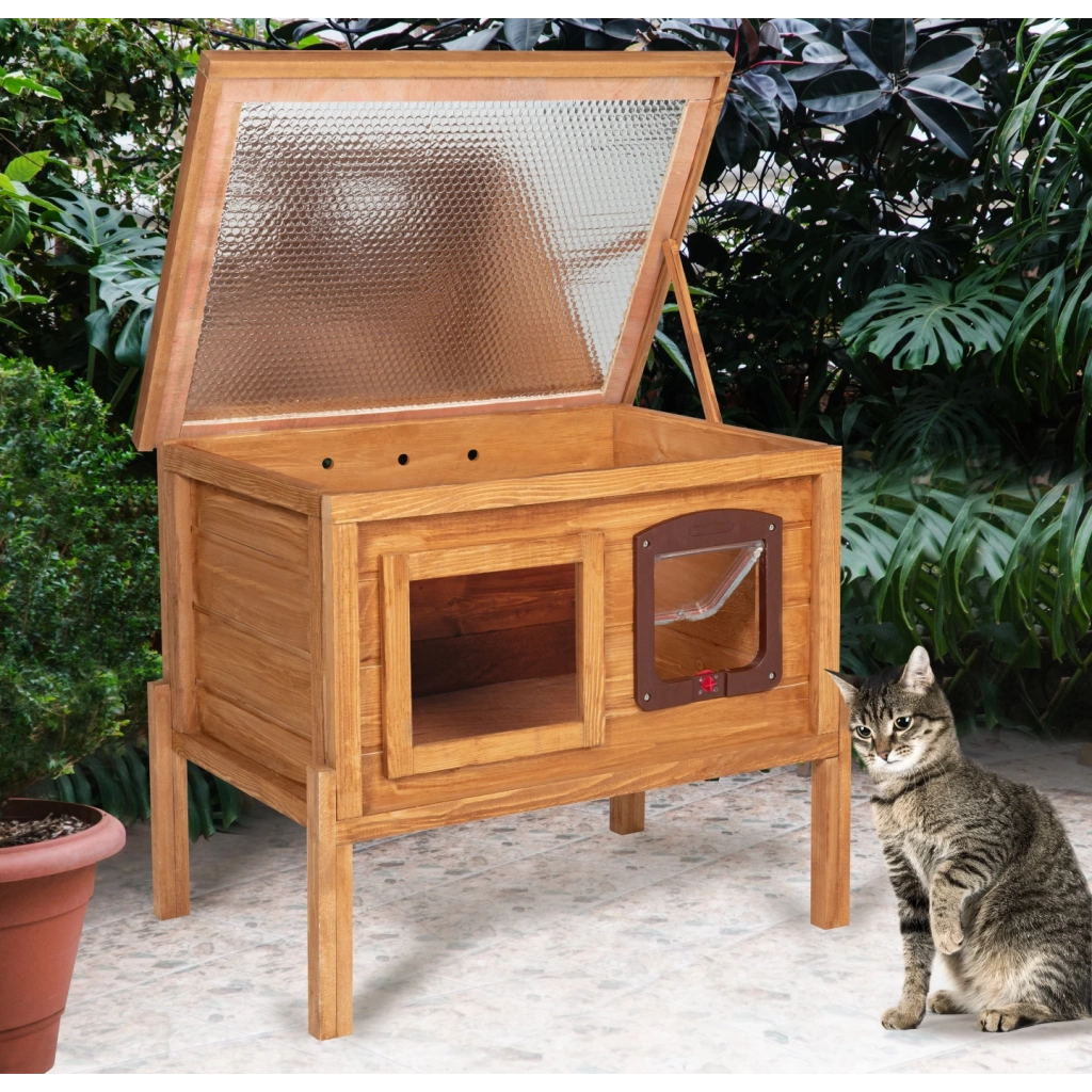 IDMarket - Casetta per gatti in legno autoriscaldante con porta e finestra