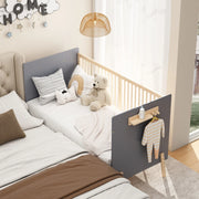 Letto per bambini 70 × 140 cm con altezza regolabile a 3 livelli, lettino laterale e divano letto, senza materasso, in legno massiccio, blu grigio