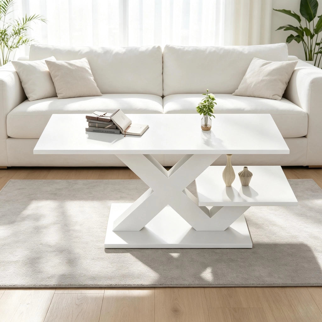 Tavolino da caffè con doppio piano e gambe geometriche - per soggiorno - 100×48×45 cm - bianco