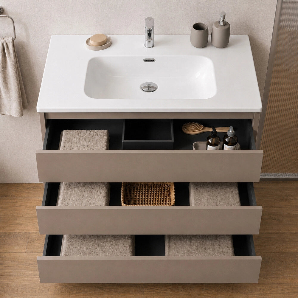 Mobile bagno a terra 100 cm tortora tre cassetti push-pull con lavabo Tierra