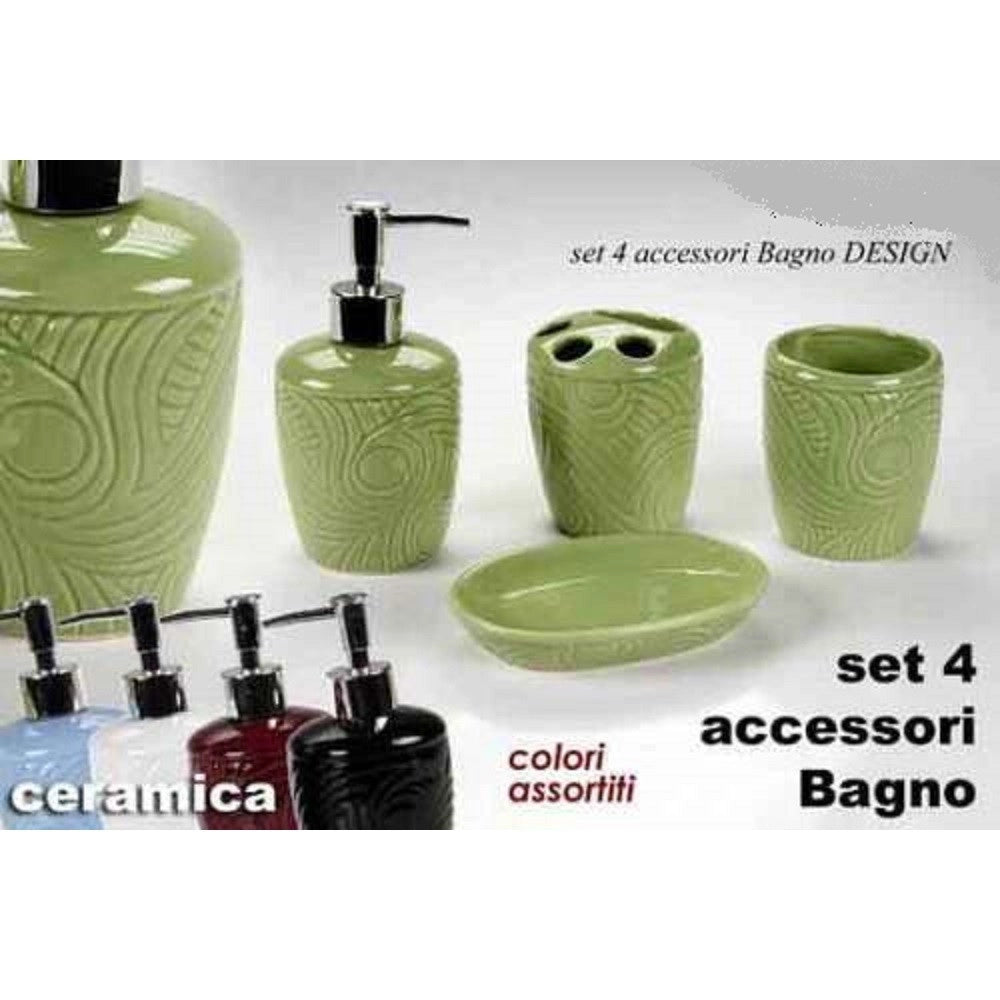 Trade Shop - Set 4pz Accessori Bagno In Ceramica Porta Sapone Spazzolino Decoro Design 616297 -