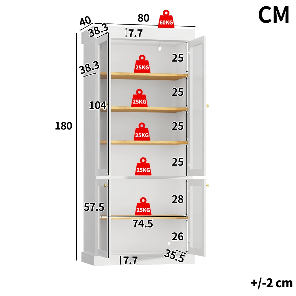 Armadio alto con LED, 2 sistemi antiribaltamento e ripiani regolabili, in MDF e vetro, bianco, 80 × 40 × 180 cm