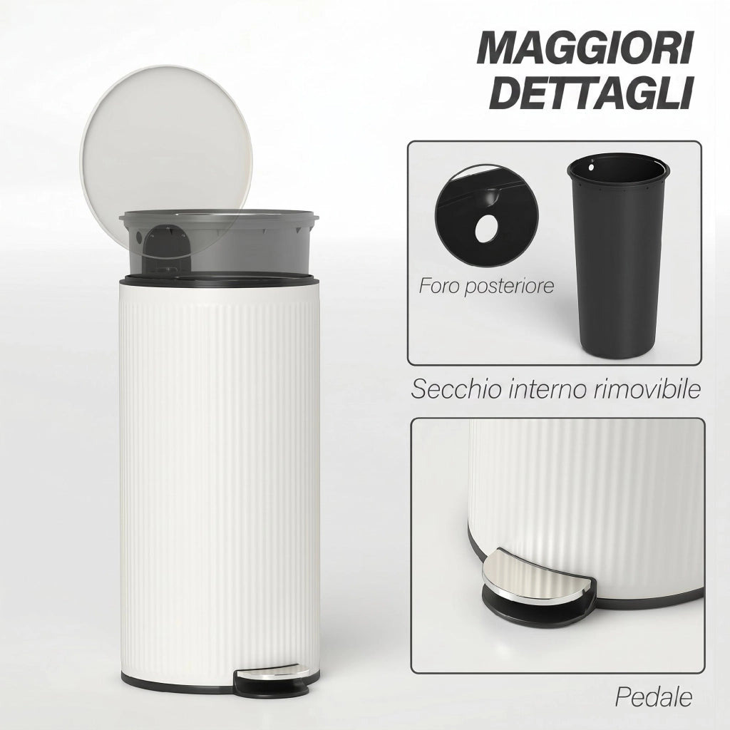 Cestino Spazzatura da 30L con Coperchio a Chiusura Morbida in Metallo e PP Crema