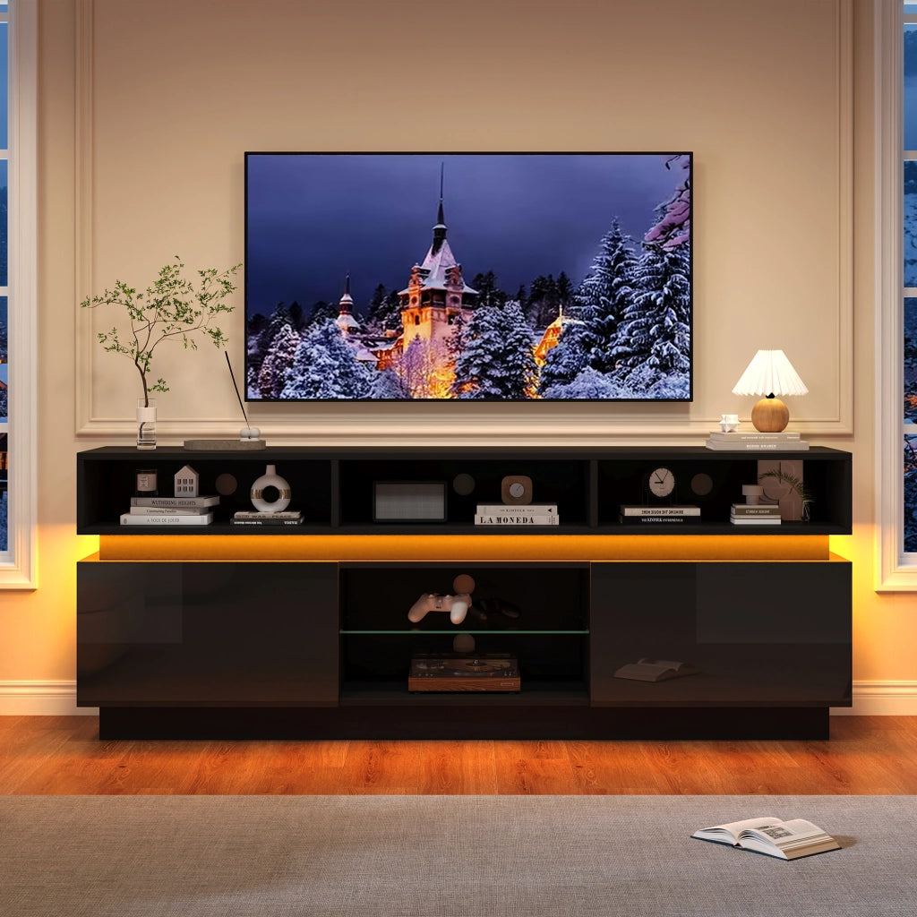 Mobile TV LED con Ripiani in Vetro ¨C MINIMAL ¨C Nero, 160x35x60 cm