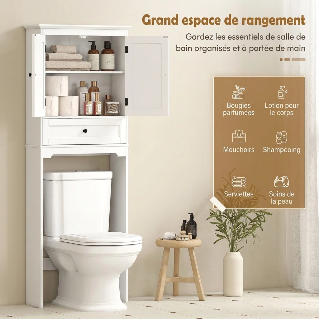 Mobile sopra WC con 2 ante, cassetto e ripiano regolabile, bianco