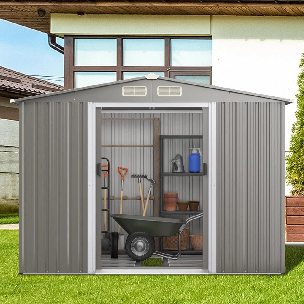 Casetta da Giardino 4,74㎡, Capanno da Esterno in Lamiera Acciaio Zincato Resistente alle Intemperie con 4 Feritoie, Doppie Porte e Rampa, 260 x 207 x 181 cm (Grigio chiaro)