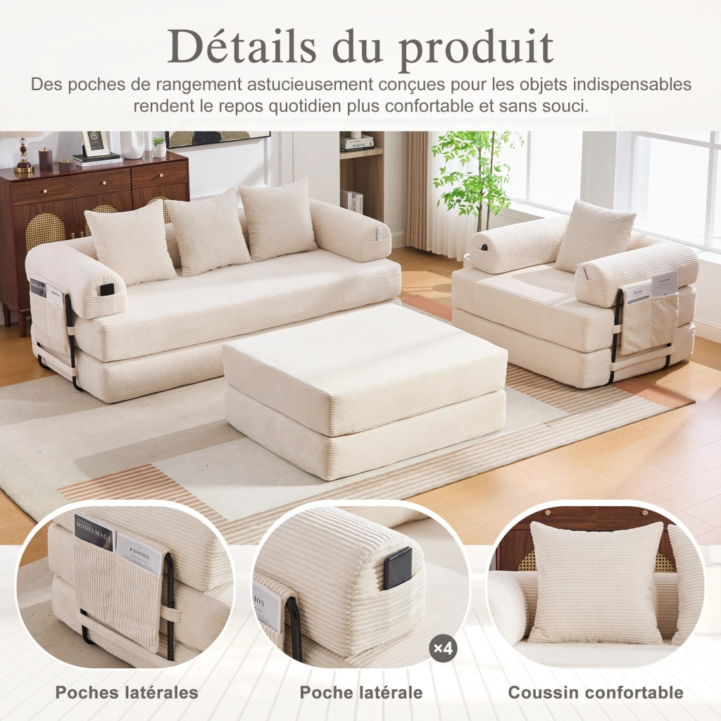 Divano modulare con pouf, tasca laterale e cuscini, struttura in metallo e tessuto a coste beige per soggiorno