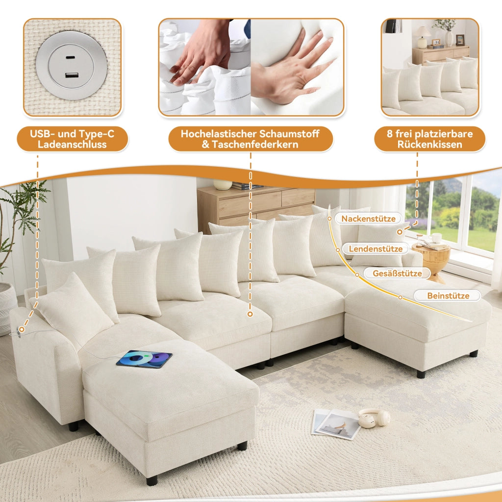 Divano angolare modulare a U o L 6 posti con porte USB e Type-C 8 cuscini e 2 pouf in chenille beige
