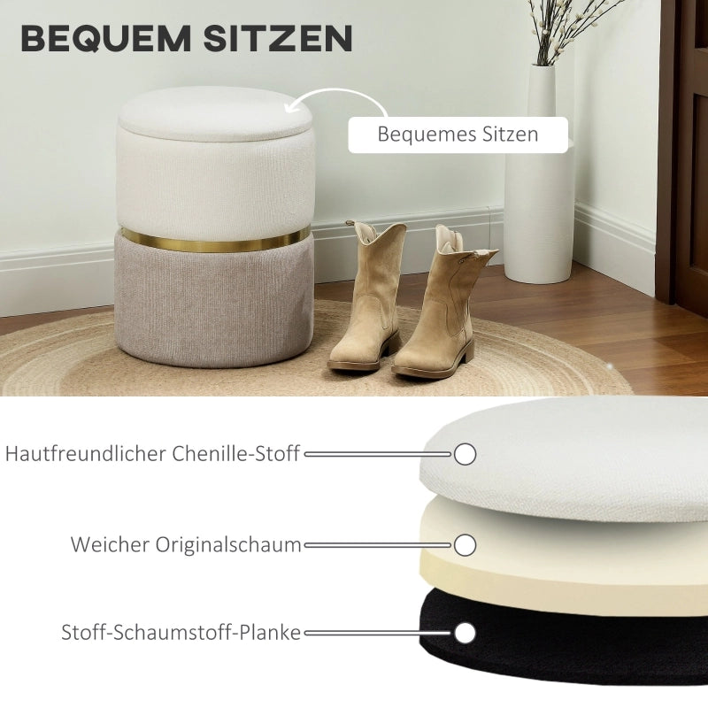 POUF CONTENITORE Ø36 x 44 cm Bianco Crema in Chenille con anello in metallo