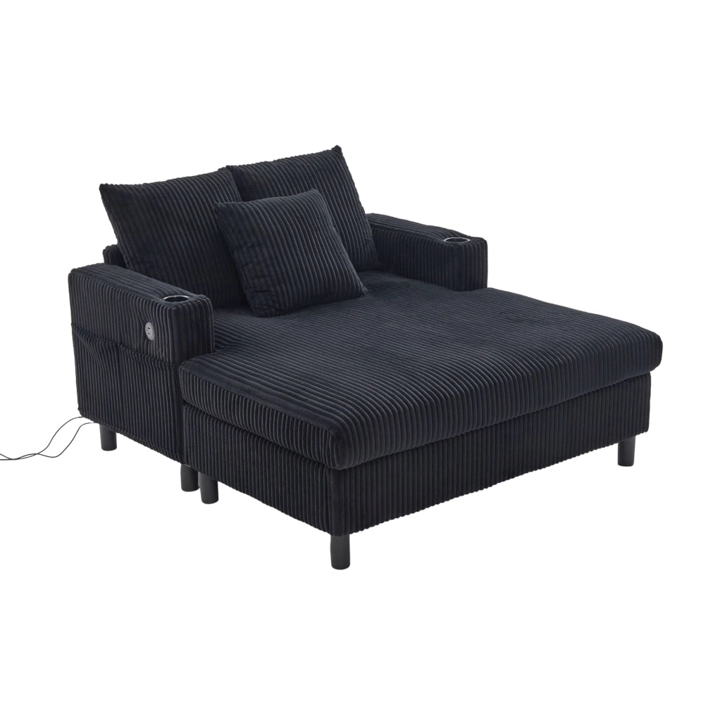 Chaise longue 142x128x85 cm in velluto a coste nero con USB， LED e portabicchiere