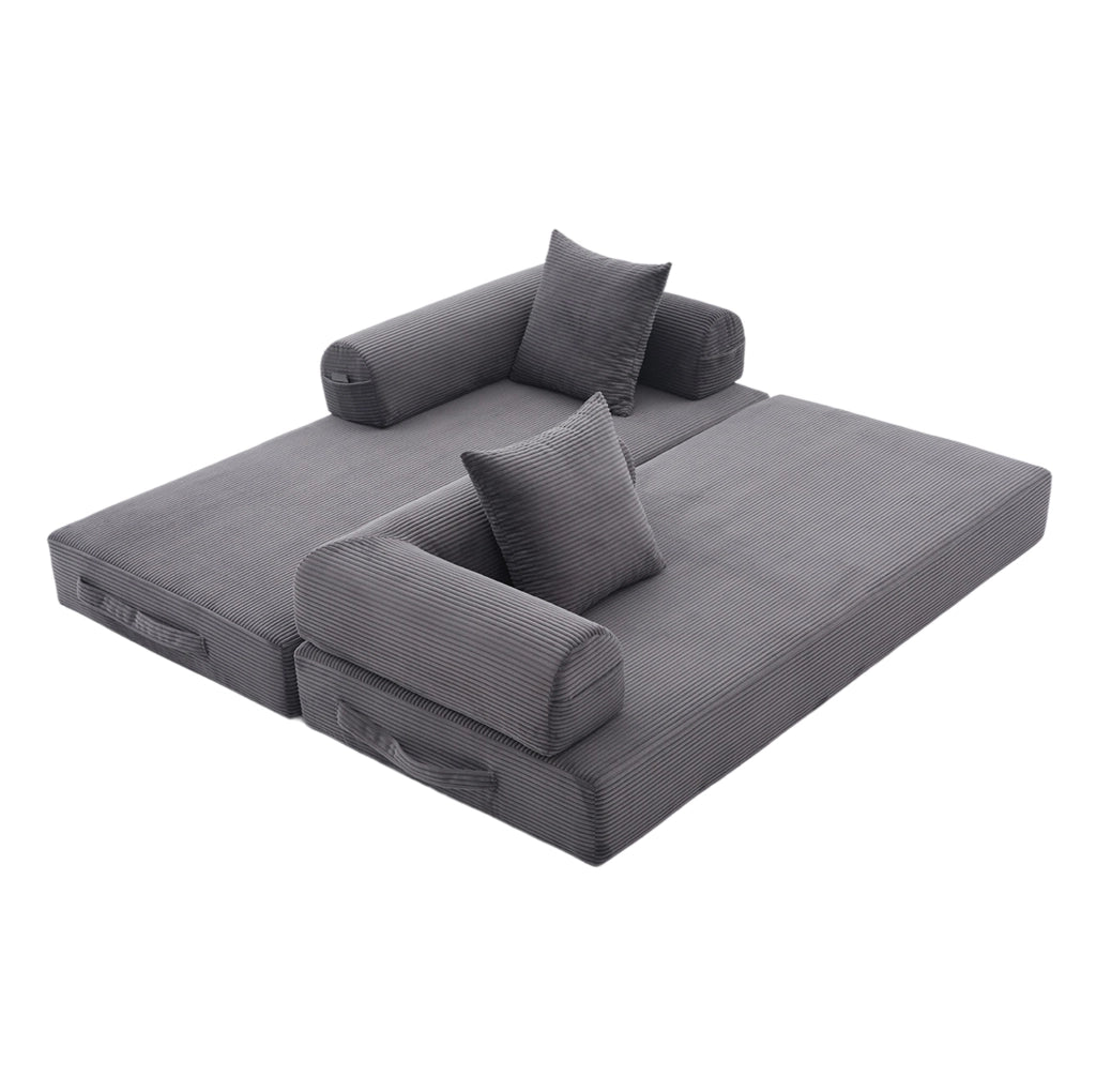 Divano modulare ULEVR 200x94x67 cm in velluto a coste grigio scuro con 3 cuscini e tasca laterale