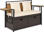 Panca da Giardino con Vano Contenitore, Panchina a 2 Posti in Rattan PE, con Tavolini Pieghevoli, Cuscini Imbottiti, per Esterno, Balcone, Terrazza, 120 x 51 x 82 cm, Portata 360 kg (Beige)
