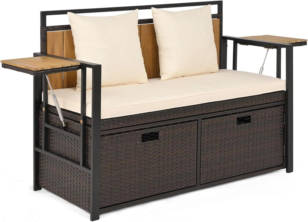 Panca da Giardino con Vano Contenitore, Panchina a 2 Posti in Rattan PE, con Tavolini Pieghevoli, Cuscini Imbottiti, per Esterno, Balcone, Terrazza, 120 x 51 x 82 cm, Portata 360 kg (Beige)