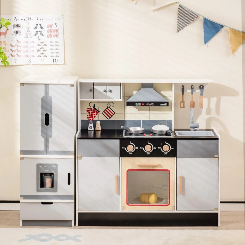 Cucina giocattolo in legno con frigorifero e fornelli, Set da cucina per bambini 3 anni+ con forno e 3 scomparti-Cucine giocattoli