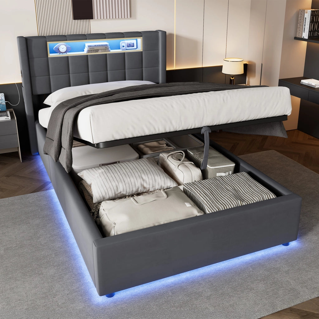 Letto singolo imbottito 90 x 200 cm in velluto grigio con contenitore idraulico, LED e porte USB/Type-C