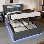 Letto singolo imbottito 90 x 200 cm in velluto grigio con contenitore idraulico, LED e porte USB/Type-C