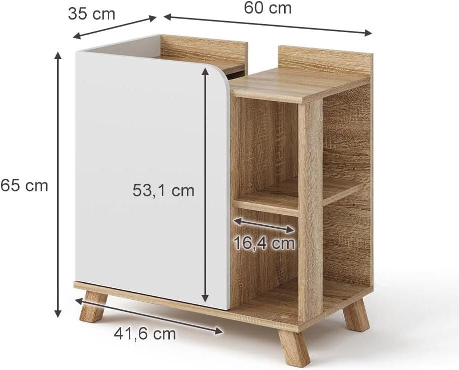 Mobile sottolavabo per bagno Karen, Sonoma/Bianco, 60 x 65 cm con anta e vani a giorno, con ritaglio per sifone per il montaggio sotto il lavabo