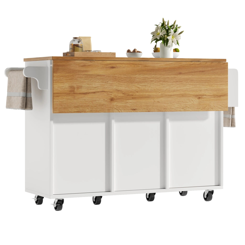 Isola da cucina con 3 cassetti; 2 ante scorrevoli; piano ribaltabile e portaasciugamani; in MDF e metallo; 146;85x70x90 cm; bianco