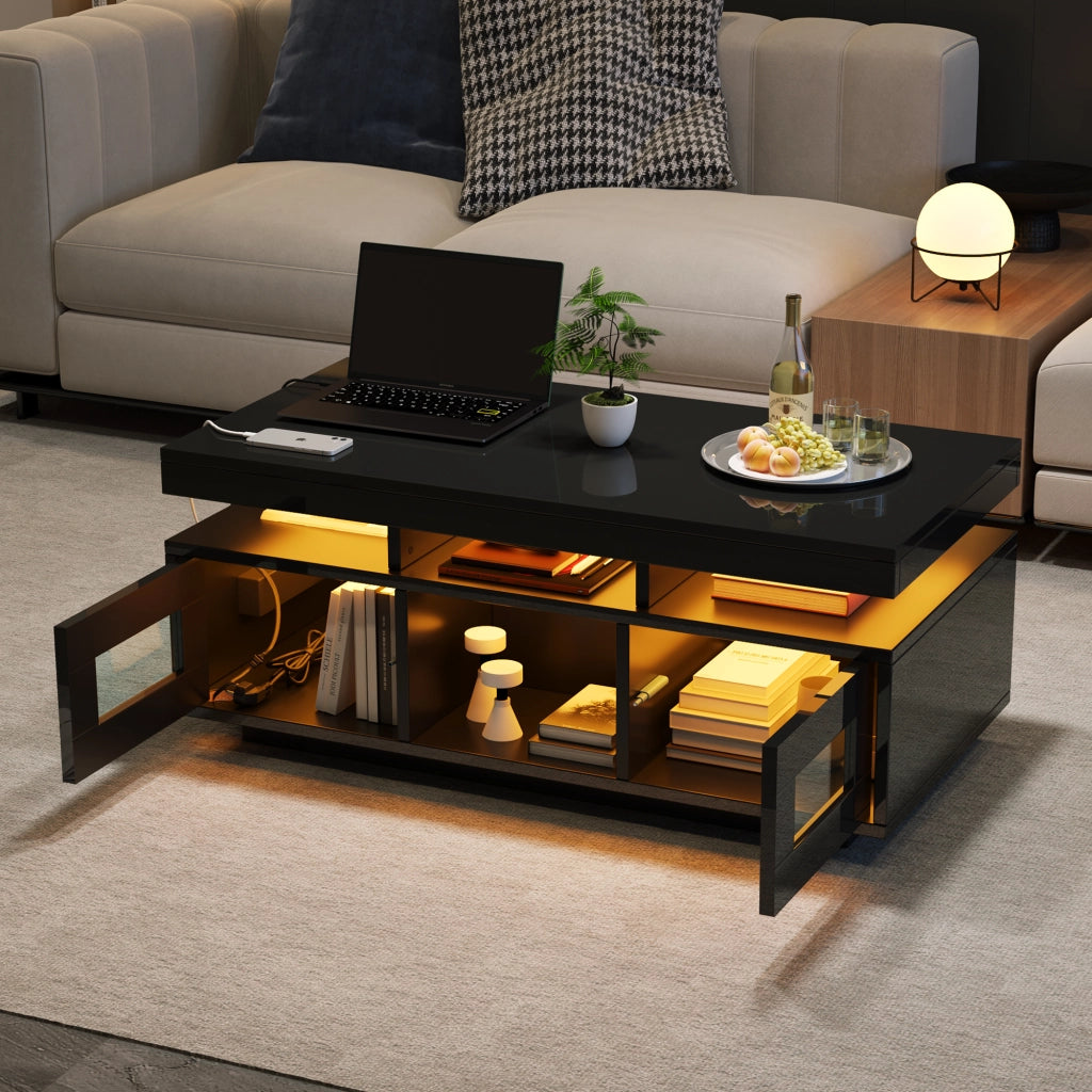 Tavolino da Caffè con 2 Ante e 2 Vani Semiaperti e LED; Presa + USB; Nero Lucido; in Pannello truciolare; 100×50×43 cm