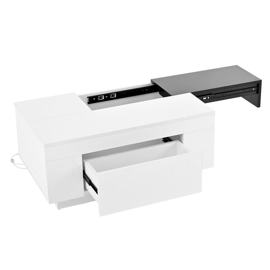 Tavolino da caffè LED con cassetto e piano scorrevole per soggiorno 80 × 50 × 35,5 cm
