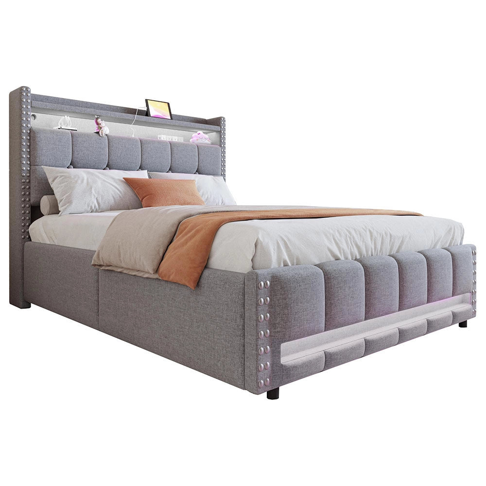 Letto matrimoniale-Xylo-140x200 cm-LED, USB, scaffale, idraulico, lino grigio