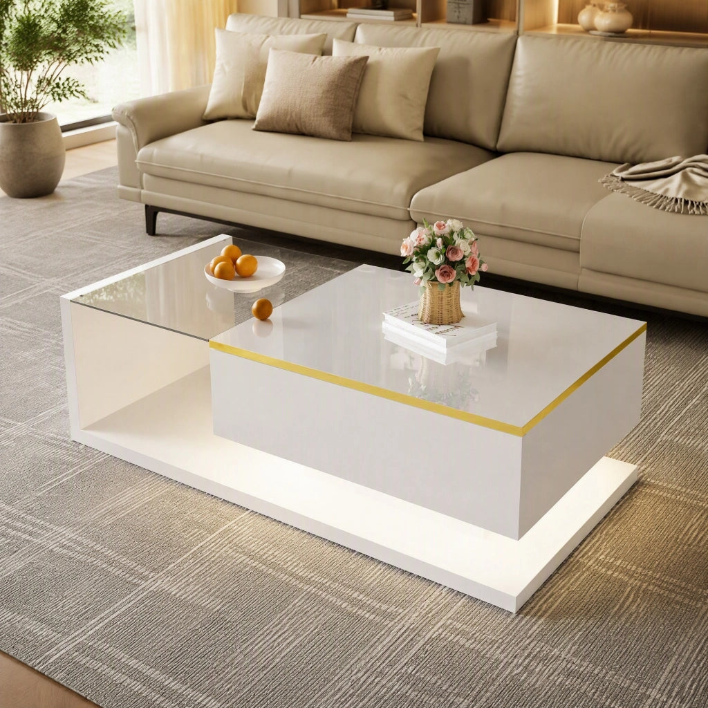TAVOLINO DA CAFFÈ 100x50 cm Bianco Lucido con vetro temperato e LED