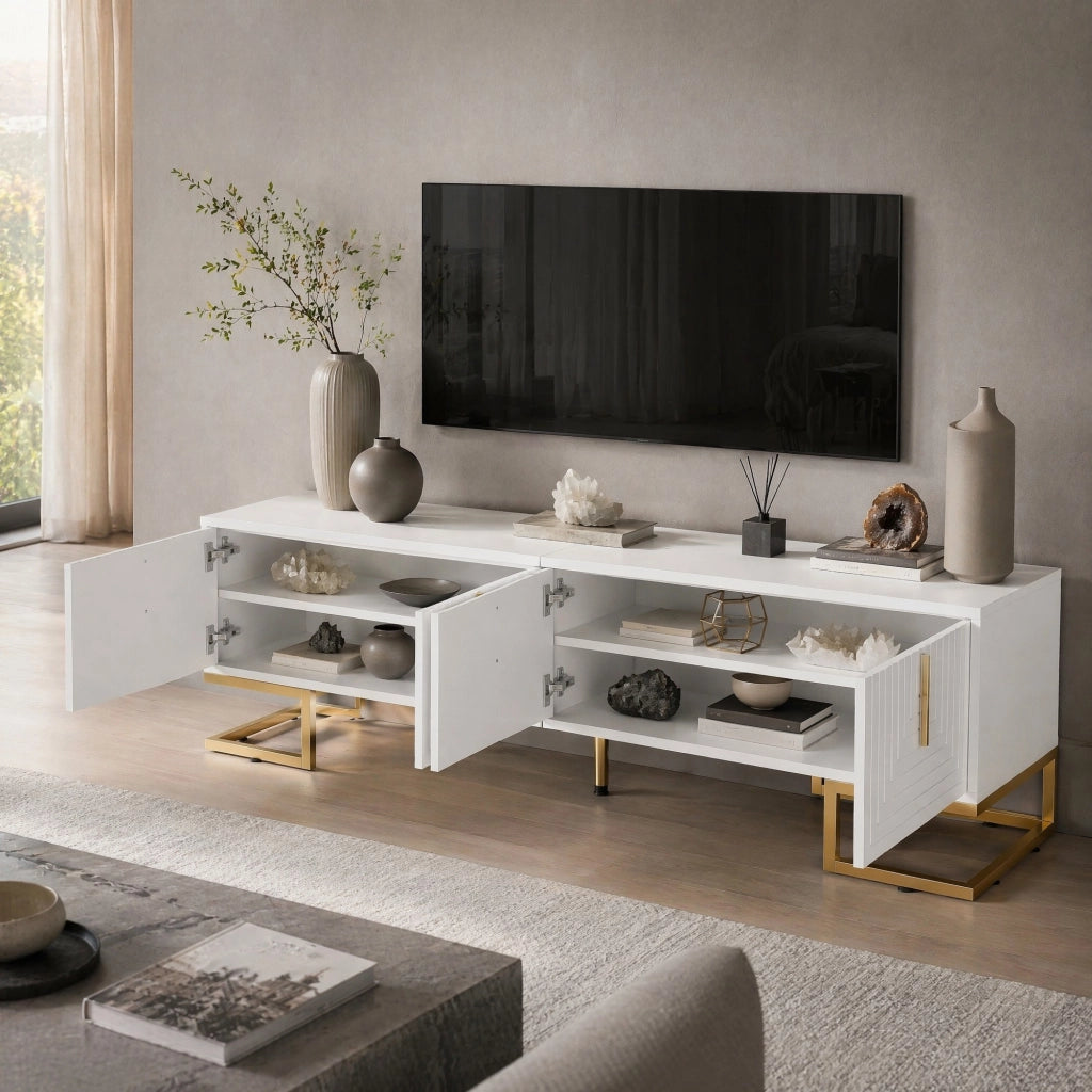 Mobile TV 170 cm bianco con 4 ante, maniglie e gambe dorate