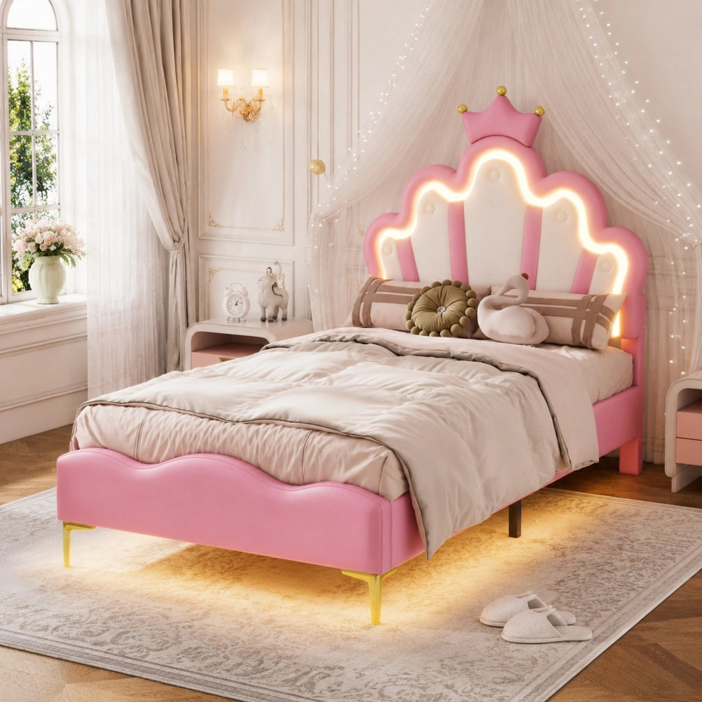 Letto singolo 90x200 cm con luci LED; testiera a corona; rosa