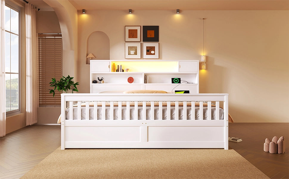DESMIU Letto matrimoniale 180 × 200 cm con 4 cassetti, LED, USB e ripiani, senza materasso, bianco