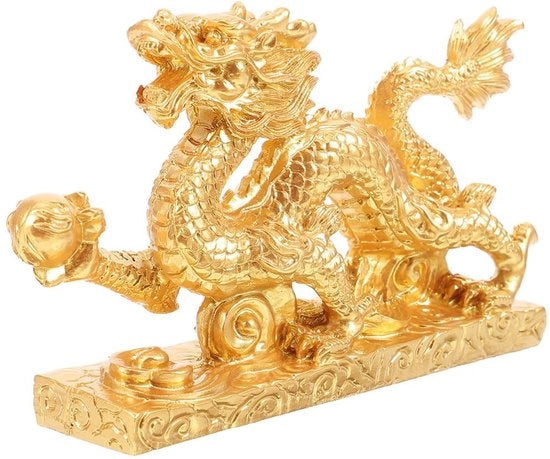 Zodiaco Cinese Dracone in Oro con Assemblaggio di Figure Cinesi per Feng Shui 2024 Anno del Drago Scultura per Fortuna e Lussuria Regali