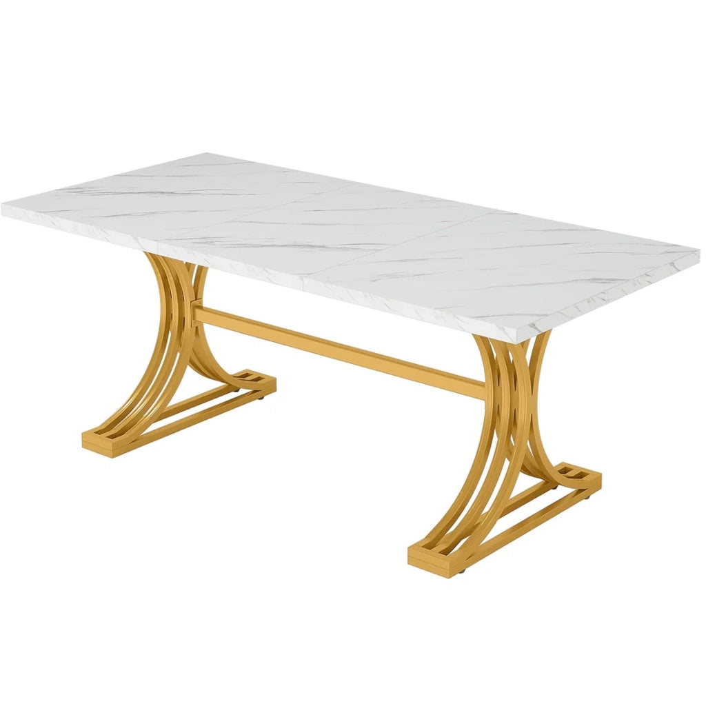 Tavolo da pranzo 160 x 80 cm in marmo artificiale e metallo; bianco e oro