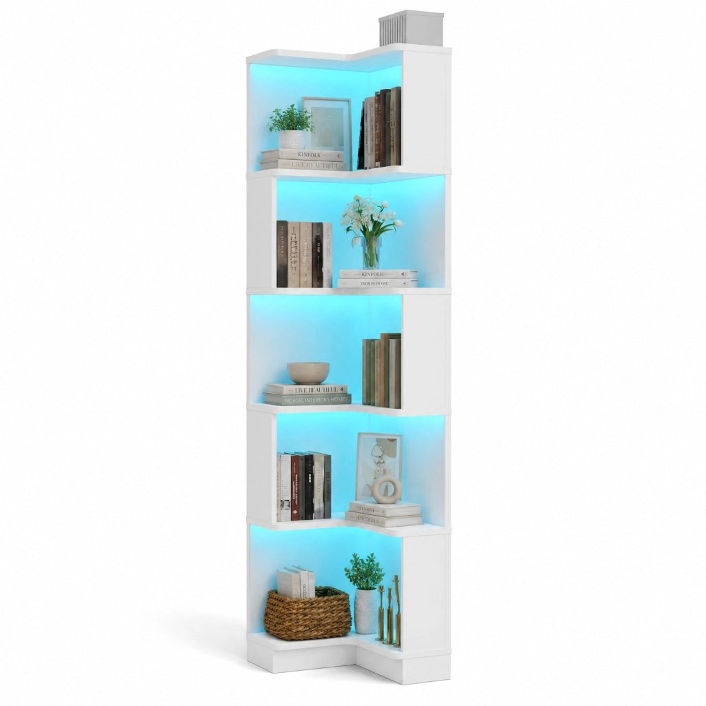 Libreria angolare a L con illuminazione LED, 63,5 x 45 x 175 cm, 5 ripiani, bianca