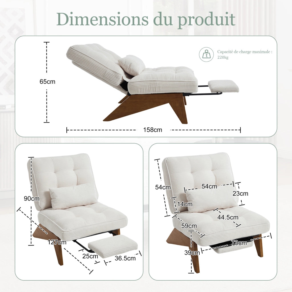 Poltrona Relax Reclinabile con Poggiapiedi e Cuscino Lombare Comfort Ergonomico Piedi in Legno in Velluto a Coste Beige